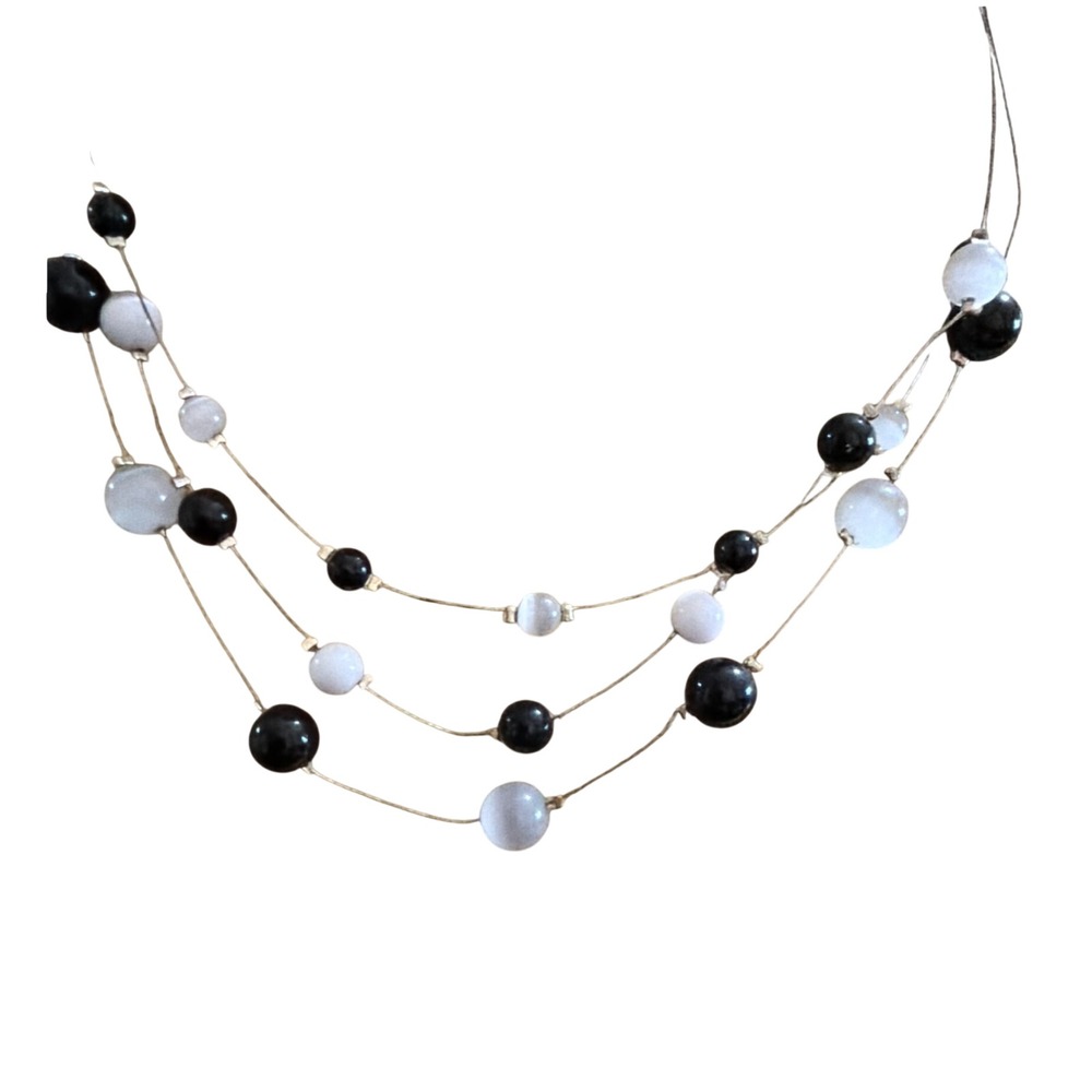 Black White Cats Eye Bead Multi Strand Illusion Floating Necklace